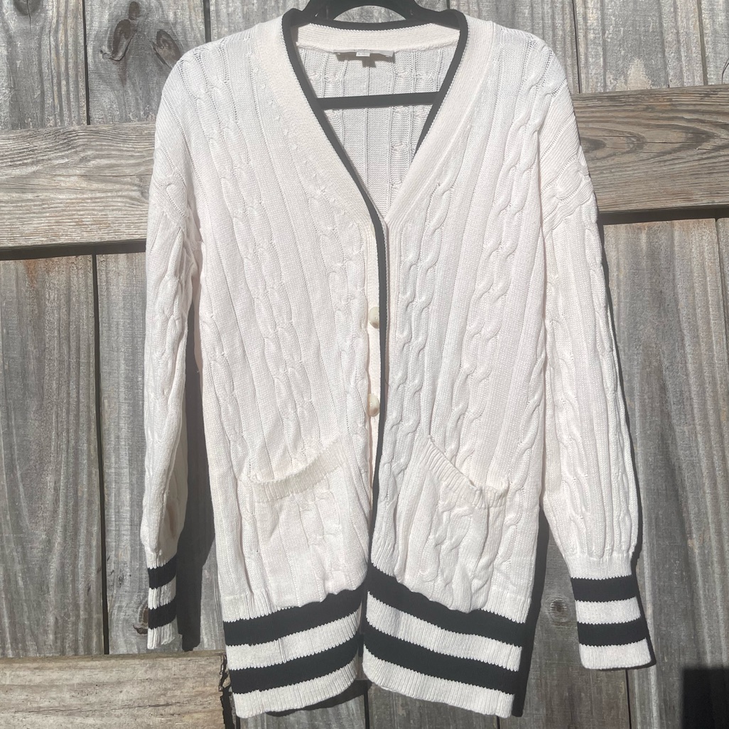 Loft White And Black Striped Trim Cardigan Size M